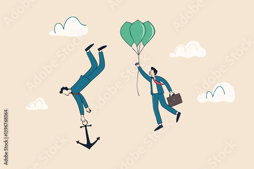 Business ranking up or down, situation for success and failure, growth or losing comparison, risk or challenge concept, businessman holding balloon rising up compare to other falling down with anchor.