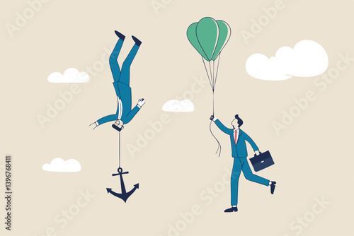 Business ranking up or down, situation for success and failure, growth or losing comparison, risk or challenge concept, businessman holding balloon rising up compare to other falling down with anchor.