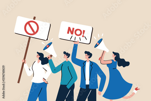 Employee protest, work strike or people demonstration, social gathering, activism protest for civil right, democracy or politic concept, people carrying protesting sign shouting on megaphone.
