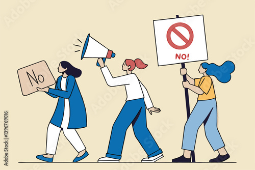 Employee protest, work strike or people demonstration, social gathering, activism protest for civil right, democracy or politic concept, people carrying protesting sign shouting on megaphone.