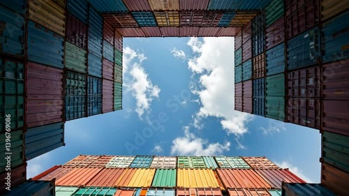 Stacked shipping containers in a container yard, symbolizing international commerce and supply chains