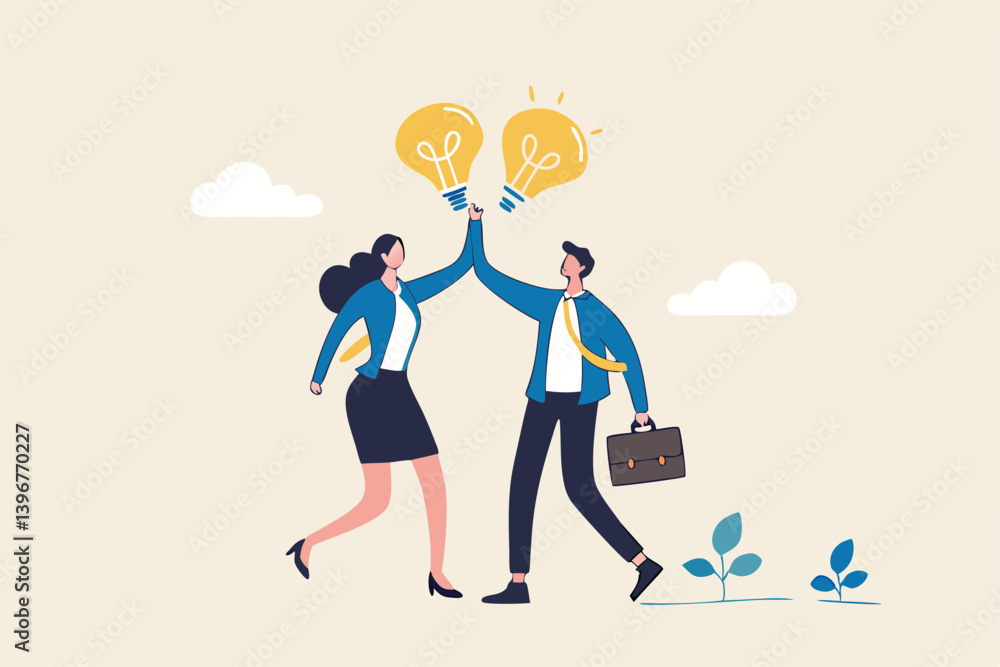 Exchange idea, creativity and innovation, brainstorming or sharing intelligence data, solution or communication, discussing or learn together, businessman and woman share lightbulb idea to colleagues. Exchange idea, creativity and innovation, brainstorming or sharing intelligence data, solution or communication, discussing or learn together, businessman and woman share lightbulb idea to colleagues.