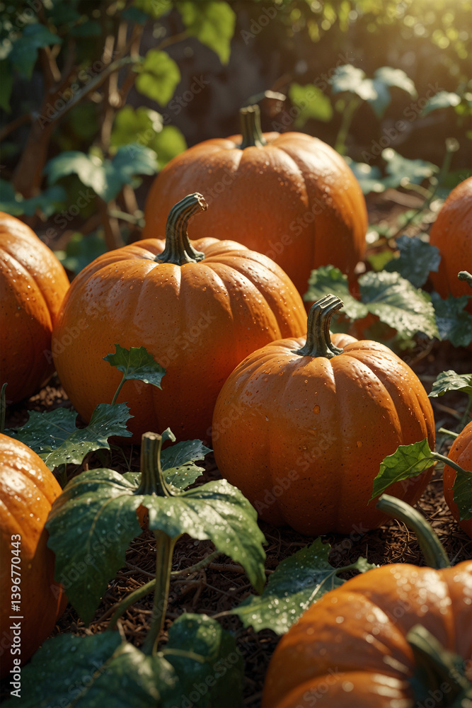 Obraz premium A close-up of vibrant orange pumpkins growing in a sunlit garden. Their round shapes and rich colors highlight their ripeness and autumn harvest