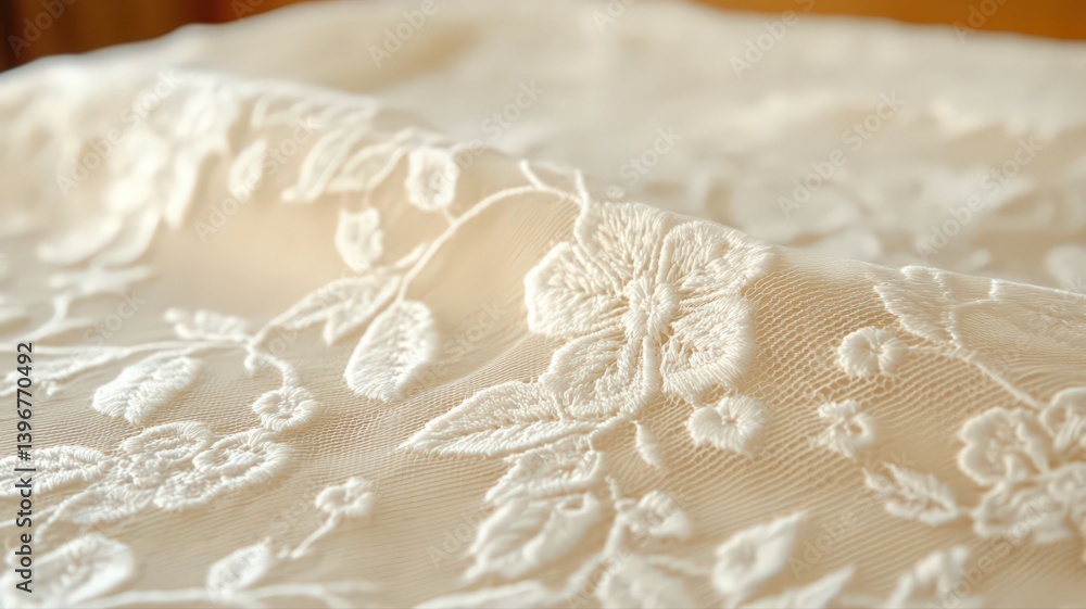 Intricate Floral Lace Fabric In Soft Natural Light Showcasing Elegant Embroidery and Sheer Texture Perfect For Wedding or Bridal Designs Intricate Floral Lace Fabric In Soft Natural Light Showcasing Elegant Embroidery and Sheer Texture Perfect For Wedding or Bridal Designs