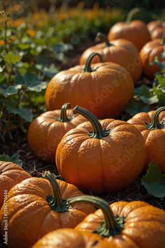 A close-up of vibrant orange pumpkins growing in a sunlit garden. Their round shapes and rich colors highlight their ripeness and autumn harvest