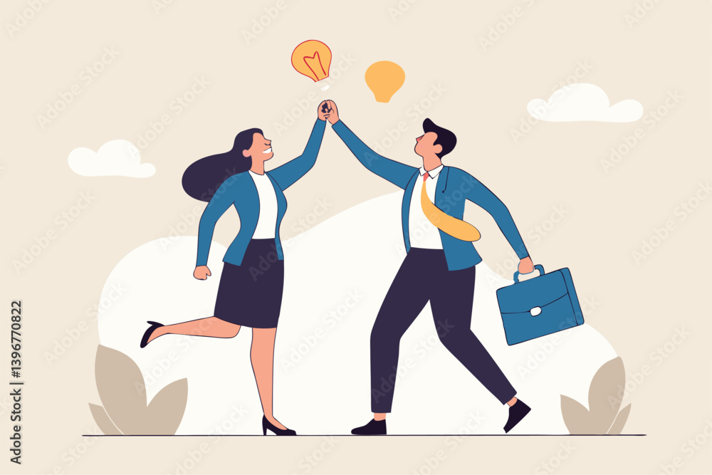 Exchange idea, creativity and innovation, brainstorming or sharing intelligence data, solution or communication, discussing or learn together, businessman and woman share lightbulb idea to colleagues. Exchange idea, creativity and innovation, brainstorming or sharing intelligence data, solution or communication, discussing or learn together, businessman and woman share lightbulb idea to colleagues.