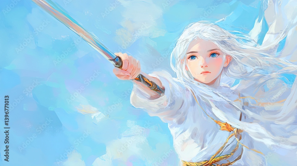 Heroic sword-wielding character fantasy realm digital art ethereal atmosphere dynamic perspective empowerment theme Heroic sword-wielding character fantasy realm digital art ethereal atmosphere dynamic perspective empowerment theme
