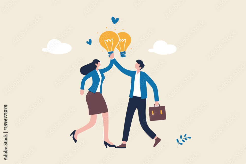 Exchange idea, creativity and innovation, brainstorming or sharing intelligence data, solution or communication, discussing or learn together, businessman and woman share lightbulb idea to colleagues. Exchange idea, creativity and innovation, brainstorming or sharing intelligence data, solution or communication, discussing or learn together, businessman and woman share lightbulb idea to colleagues.