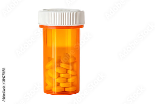 Pills in orange prescription bottle on transparent background