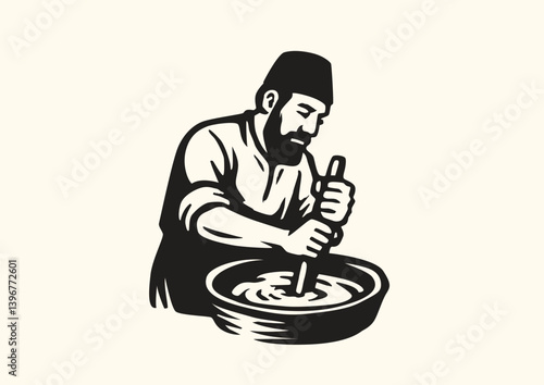 Vintage Silhouette of a Bearded Turkish Man Making Traditional Halva by Hand