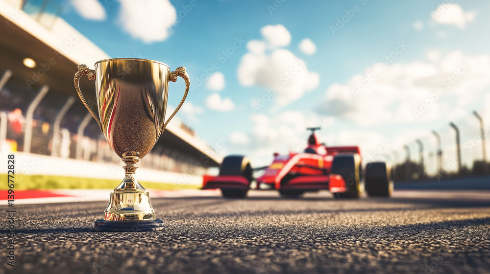 Naklejka premium Golden cup trophy standing on the track at Formula 1 red racing car. F1 constructors championship, world champion, Grand prix winner. F1 red car with golden prize for the first place