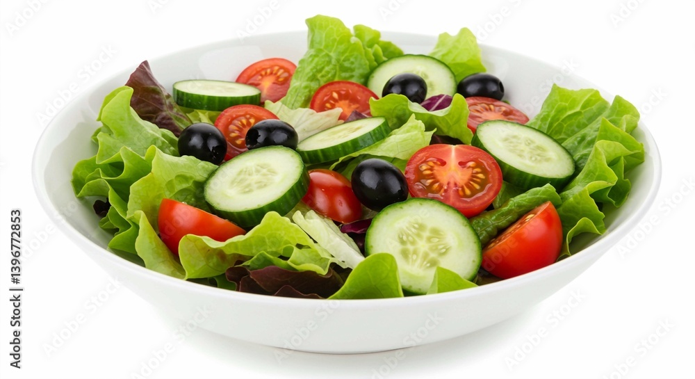 The fresh combination of vibrant green lettuce, sliced cucumbers, halved red tomatoes, and black olives is served in a white bowl as a healthy salad The fresh combination of vibrant green lettuce, sliced cucumbers, halved red tomatoes, and black olives is served in a white bowl as a healthy salad