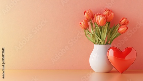 Wallpaper Mural A bouquet of orange tulips in a white vase beside a glossy red heart. Torontodigital.ca