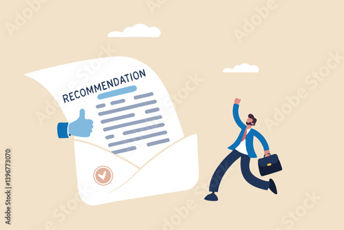 Recommendation letter, appreciation document for apply new job, experience or qualification guarantee, education reward concept, happy businessman with recommendation letter in email envelope.