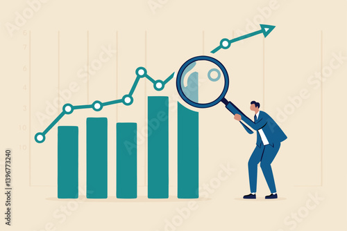 Trend analysis, marketing and sales information, analyze or predict trend line or profit, business forecast report concept, businessman analyst analyze trend graph and chart with magnifying glass.
