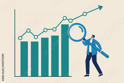 Trend analysis, marketing and sales information, analyze or predict trend line or profit, business forecast report concept, businessman analyst analyze trend graph and chart with magnifying glass.