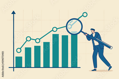 Trend analysis, marketing and sales information, analyze or predict trend line or profit, business forecast report concept, businessman analyst analyze trend graph and chart with magnifying glass.