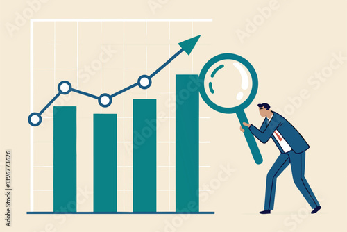 Trend analysis, marketing and sales information, analyze or predict trend line or profit, business forecast report concept, businessman analyst analyze trend graph and chart with magnifying glass.