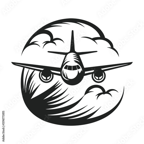 Airplane Silhouette with Clouds and Birds in a Circular Design, Simple, Black and White