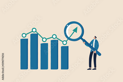 Trend analysis, marketing and sales information, analyze or predict trend line or profit, business forecast report concept, businessman analyst analyze trend graph and chart with magnifying glass.