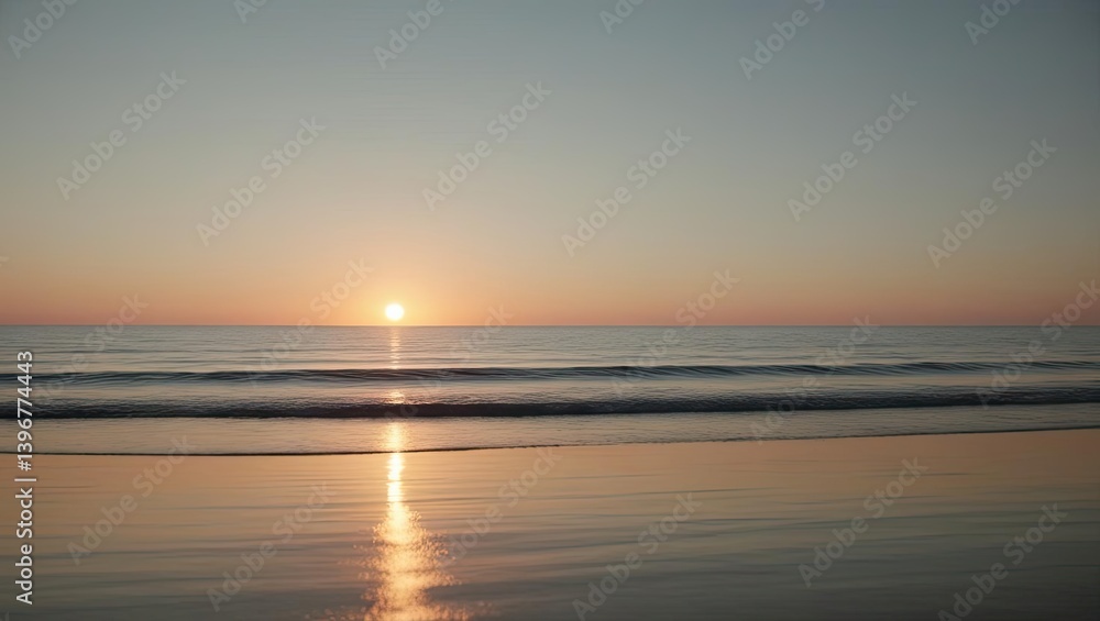 Naklejka premium Stunning sunset over calm ocean waves, reflecting vibrant colors in the tranquil water.