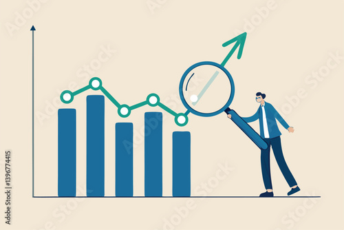 Trend analysis, marketing and sales information, analyze or predict trend line or profit, business forecast report concept, businessman analyst analyze trend graph and chart with magnifying glass.
