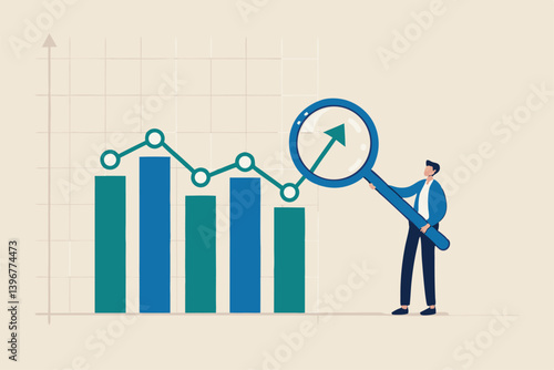Trend analysis, marketing and sales information, analyze or predict trend line or profit, business forecast report concept, businessman analyst analyze trend graph and chart with magnifying glass.