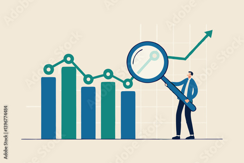 Trend analysis, marketing and sales information, analyze or predict trend line or profit, business forecast report concept, businessman analyst analyze trend graph and chart with magnifying glass.