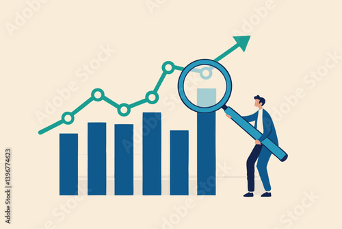 Trend analysis, marketing and sales information, analyze or predict trend line or profit, business forecast report concept, businessman analyst analyze trend graph and chart with magnifying glass.