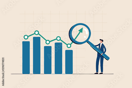 Trend analysis, marketing and sales information, analyze or predict trend line or profit, business forecast report concept, businessman analyst analyze trend graph and chart with magnifying glass.