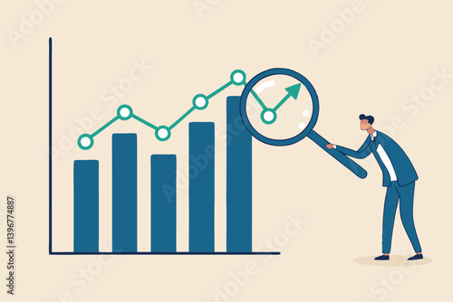 Trend analysis, marketing and sales information, analyze or predict trend line or profit, business forecast report concept, businessman analyst analyze trend graph and chart with magnifying glass.