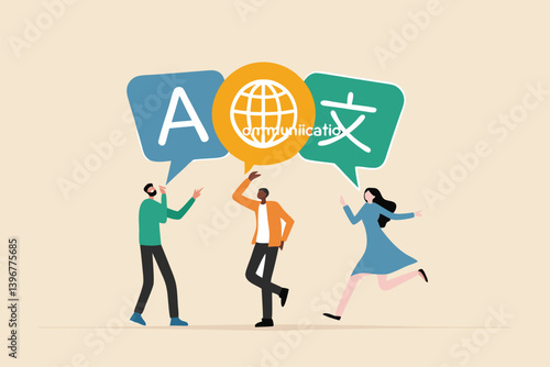 Language learning, translation or international communication, global or multilingual education, foreign diversity concept, young adult people talking with foreign international language symbol.
