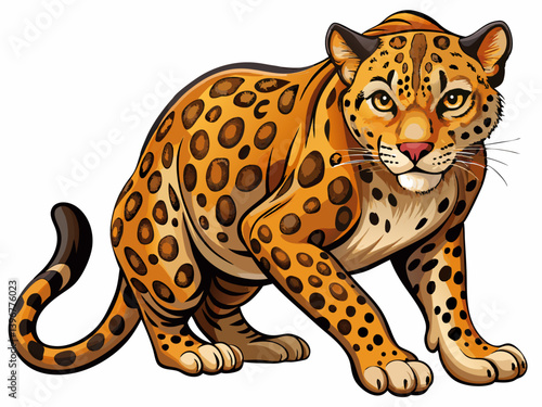 A vector illustration of a stealthy leopard crouching low, isolated on a white background
