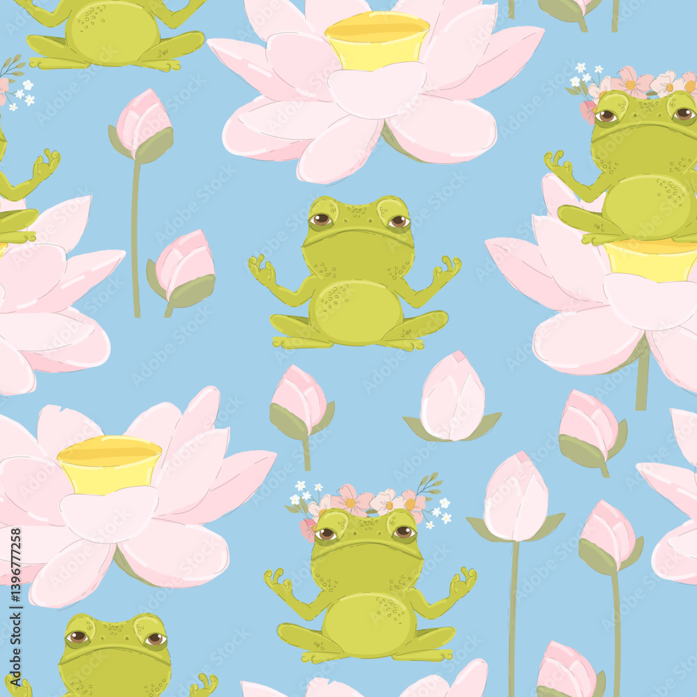 Vector Seamless Pattern with Cute frog doing yoga sitting on lotus