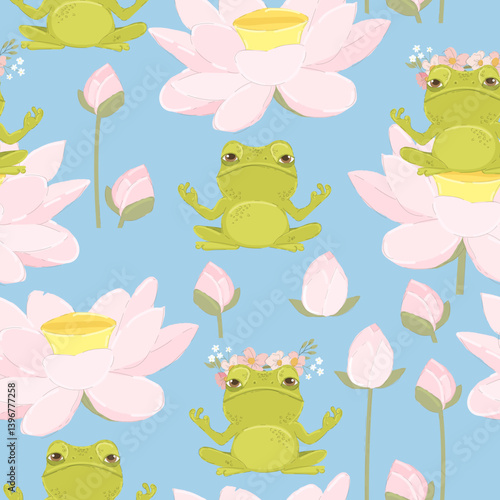 Obraz na płótnie Vector Seamless Pattern with Cute frog doing yoga sitting on lotus w salonie