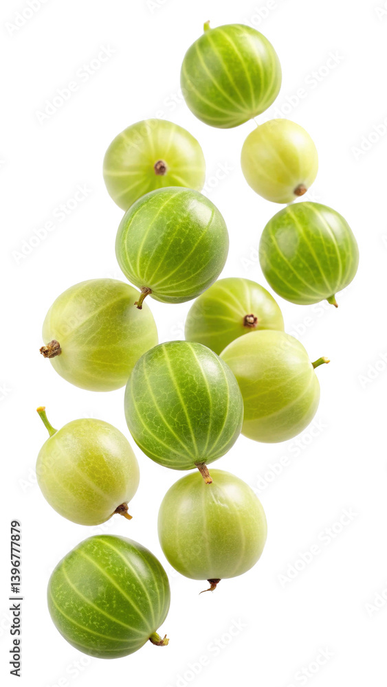 A Collection of Fresh Green Gooseberries Floating in the Air Against a Trensprent Background A Collection of Fresh Green Gooseberries Floating in the Air Against a Trensprent Background