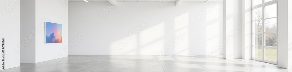 Fototapeta premium Modern bright gallery interior, blank white wall, concrete floor , display, backdrop, stark