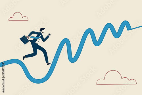 Rough road ahead, obstacle or tough situation to overcome, risk and uncertain, difficulty or problem solving, journey or effort to success concept, businessman run to new challenge rough road ahead.