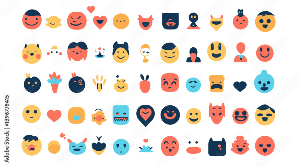 Fototapeta premium Colorful Vector Emojis Complete Collection - Diverse Facial Expressions and Characters for Digital Communication and Design Projects