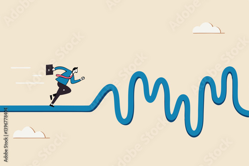 Rough road ahead, obstacle or tough situation to overcome, risk and uncertain, difficulty or problem solving, journey or effort to success concept, businessman run to new challenge rough road ahead.