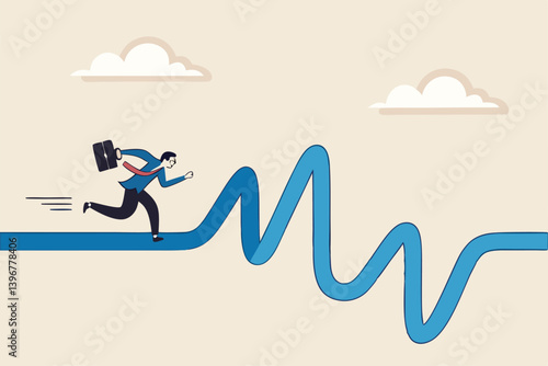 Rough road ahead, obstacle or tough situation to overcome, risk and uncertain, difficulty or problem solving, journey or effort to success concept, businessman run to new challenge rough road ahead.