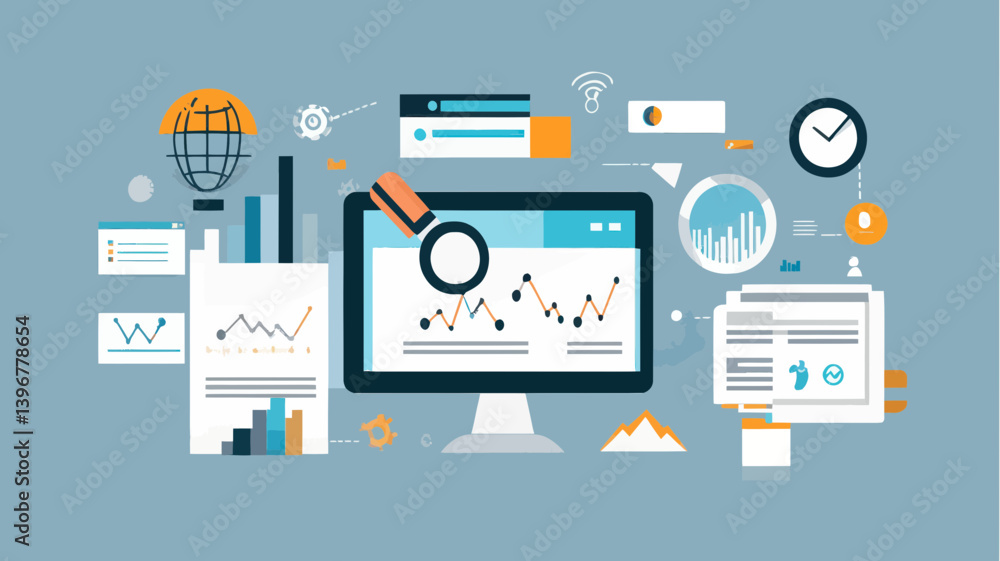 Search Engine Optimization and Web Analytics Vector Illustration for Business Insights and Digital Marketing Strategy Search Engine Optimization and Web Analytics Vector Illustration for Business Insights and Digital Marketing Strategy