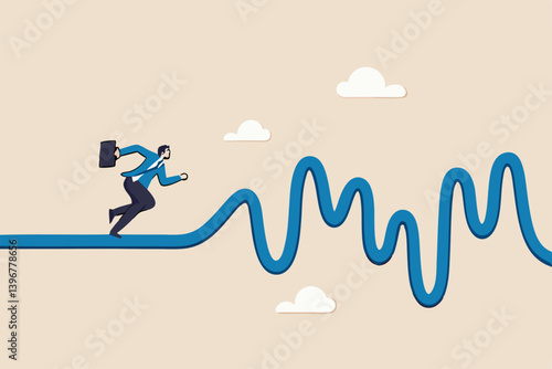 Rough road ahead, obstacle or tough situation to overcome, risk and uncertain, difficulty or problem solving, journey or effort to success concept, businessman run to new challenge rough road ahead.