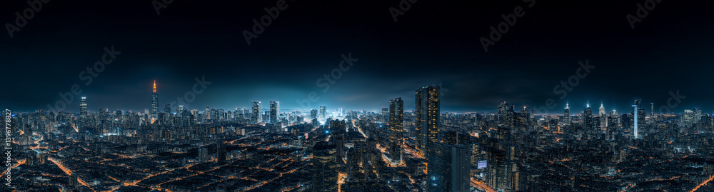 Fototapeta premium Night aerial view city skyline seamless panorama 8K