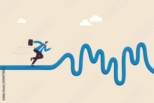 Rough road ahead, obstacle or tough situation to overcome, risk and uncertain, difficulty or problem solving, journey or effort to success concept, businessman run to new challenge rough road ahead.