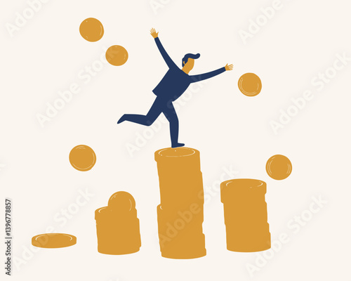 Happy Investor Jumping on Growing Money Stack Illustrating Compound Interest and Profit Growth in Minimalist Style