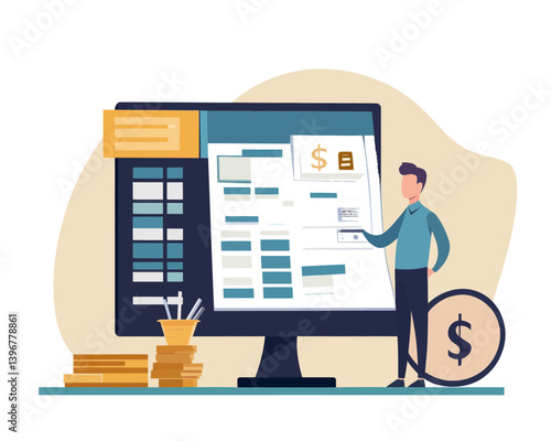 Businessman Using Online Payroll System for Employee Salary Calculation and Payment Automation, Flat Minimalist Vector Illustration for Office Accounting and Administrative Tasks