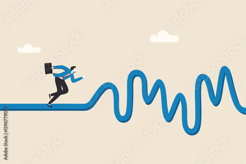 Rough road ahead, obstacle or tough situation to overcome, risk and uncertain, difficulty or problem solving, journey or effort to success concept, businessman run to new challenge rough road ahead.