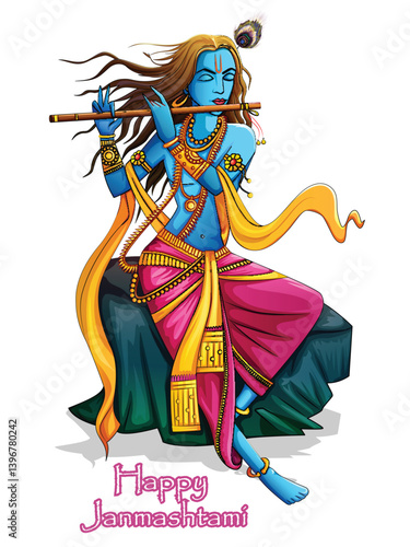 Vector design of Lord Krishna playing bansuri (flute) on Happy Janmashtami holiday festival background
