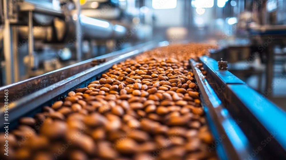 Fresh almonds travel down a conveyor belt in a busy nut processing factory, where workers meticulously oversee the sorting and packaging process, ensuring quality and efficiency in production